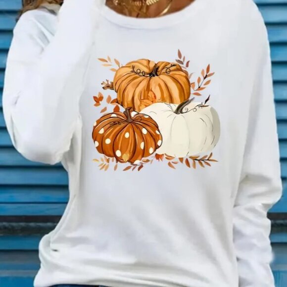Tops - XXL - Pumpkin Print T-shirt, Long Sleeve Crew Neck Casual Top